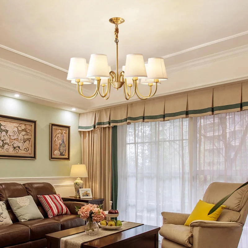 lustre américain rétro en cuivre avec led et tissu suspendu