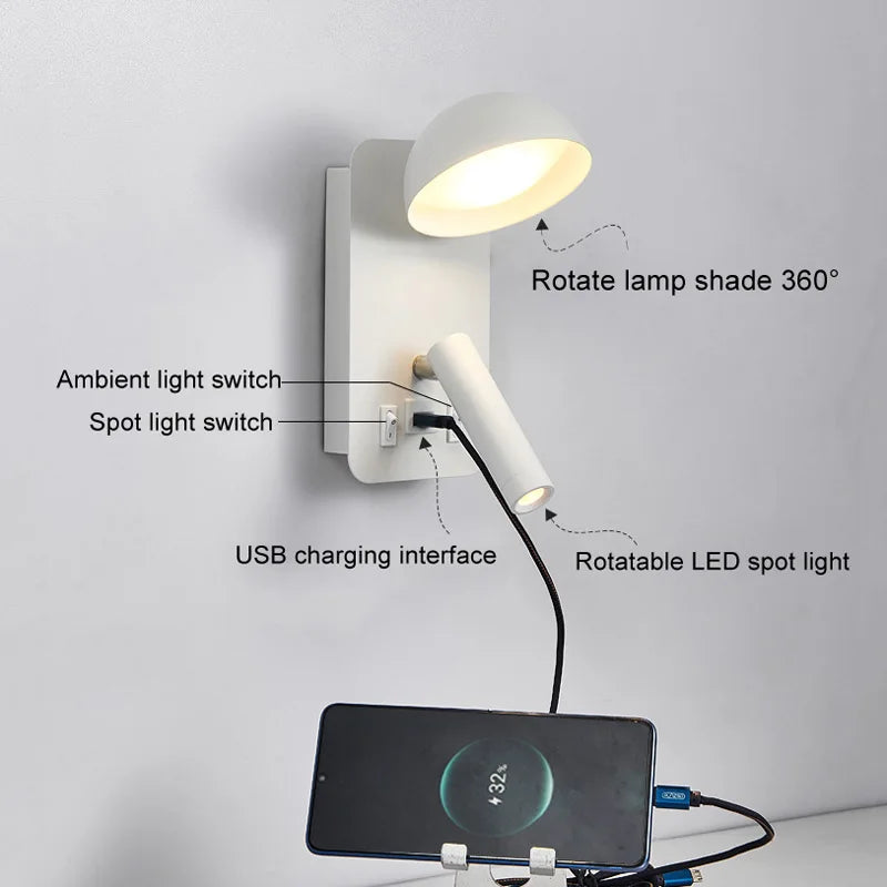 applique murale led luminaire avec interrupteur interface usb éclairage art