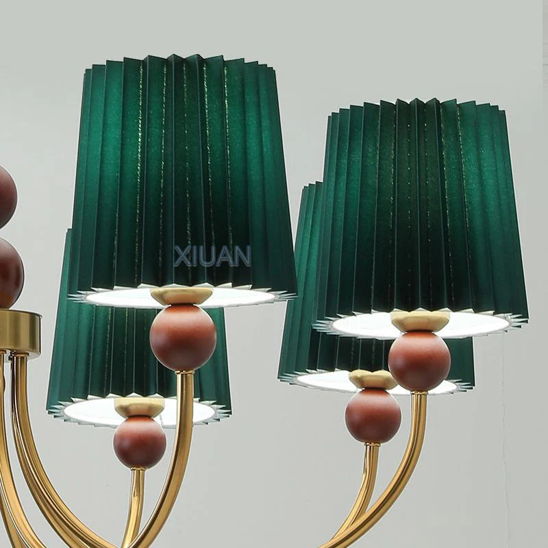 lustre led vintage américain en tissu plissé et bois wabi-sabi