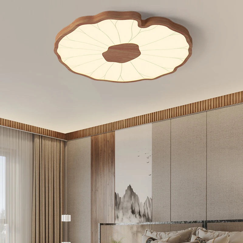 plafonnier moderne design feuille lotus en bois avec lumière led