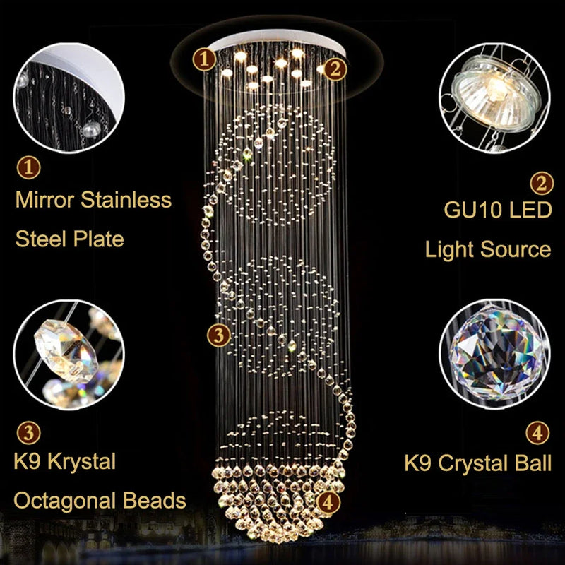 lustre en cristal moderne led boule spirale goutte de pluie k9