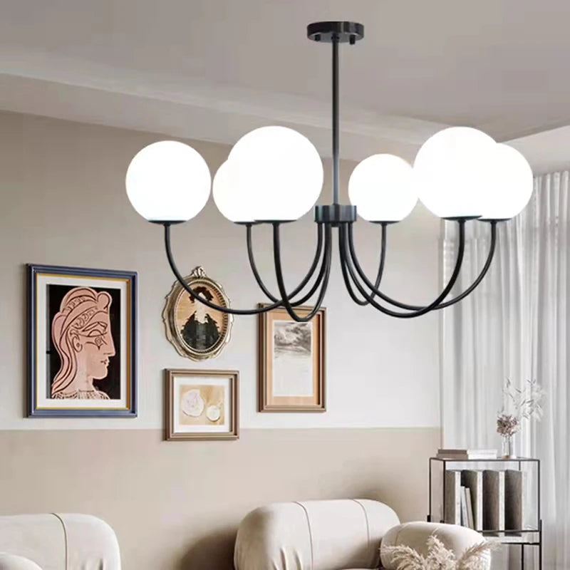 lustre moderne en verre avec luminaire suspendu et structure métallique