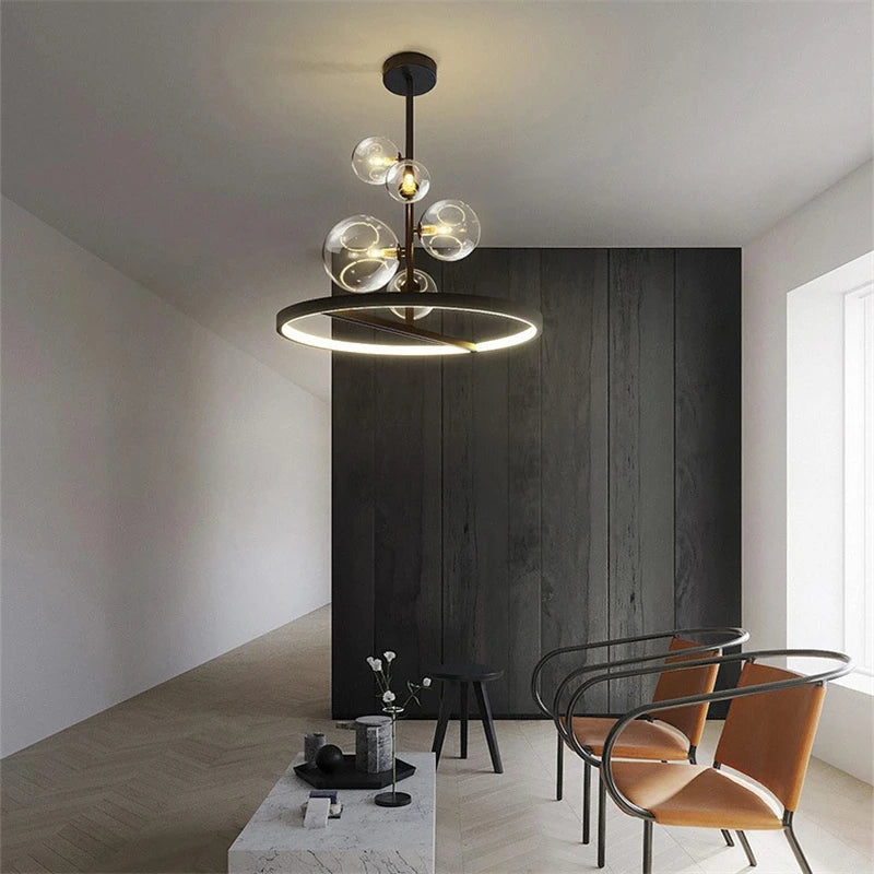 lustre moderne en verre transparent avec bulles en métal