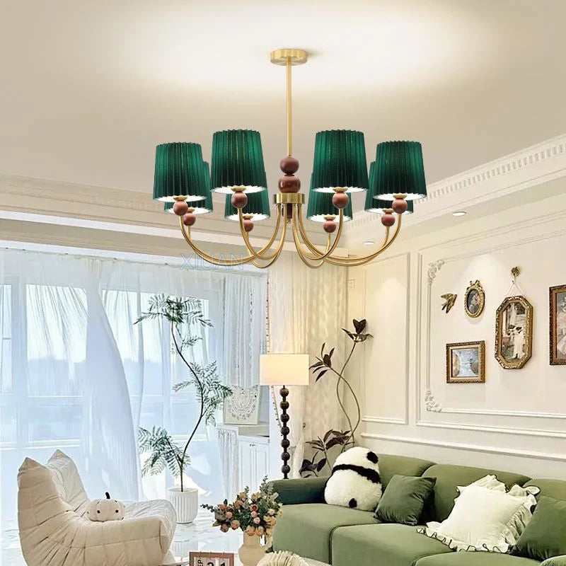 lustre led vintage américain en tissu plissé et bois wabi-sabi