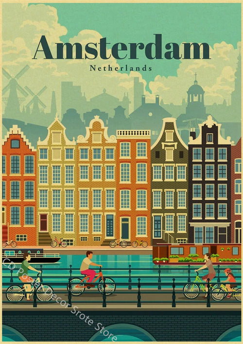 affiche rétro des villes du monde monument architecture vintage décor mural