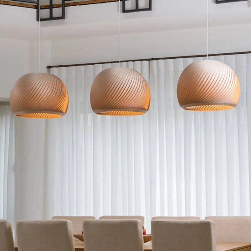 Suspension LED demi boule en bois simple