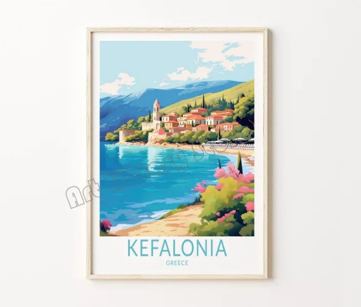 affiche rétro de voyage château et île de santorin décor mural