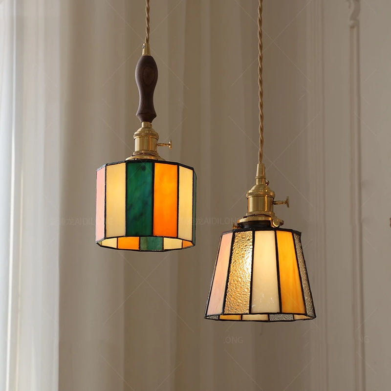 Suspension led vintage style japonais douille cuivre abat-jour verre