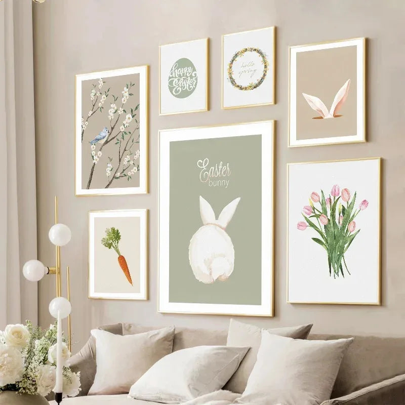 affiches de pâques lapin oeufs fleurs décoration printemps murale