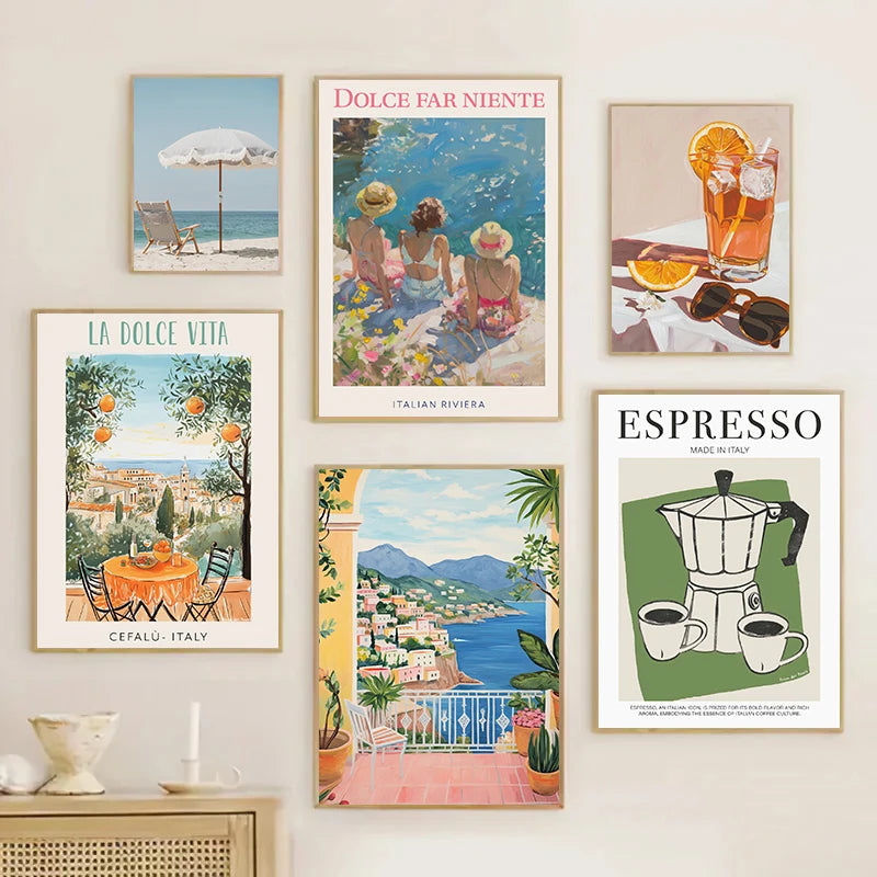 affiche vintage de voyage en italie avec paysages et gastronomie