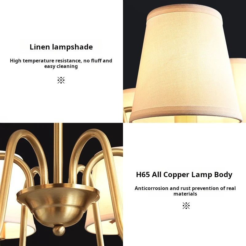 lustre américain rétro en cuivre avec led et tissu suspendu