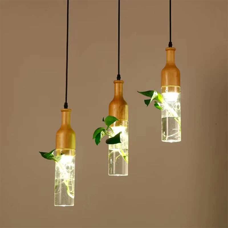 suspension led industrielle en bois et verre pour plantes