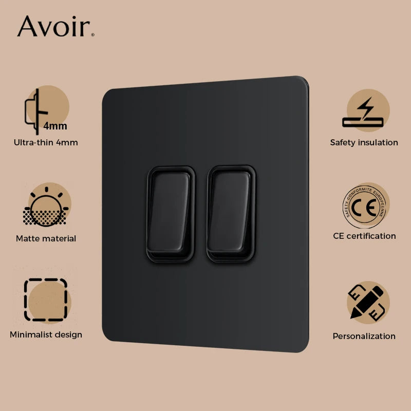 Interrupteur simple 1 voie avec LED 20A en acier noir mat bords arrondis