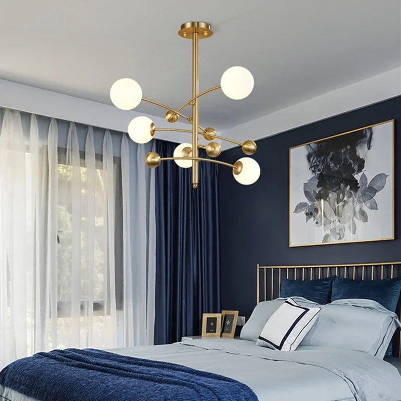 Nordic 5 Heads Copper Chandelier For Living Room Bedroom Hotel Rotatable Arms Milky White Lampshade G9 LED Lighting Fixtures