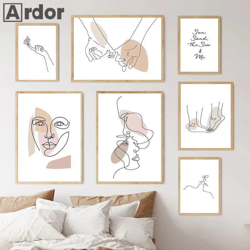 affiches abstraites de couples en baiser et art minimaliste