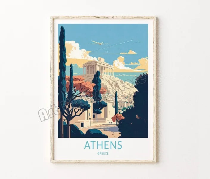 affiche rétro de voyage avec château et île de santorin