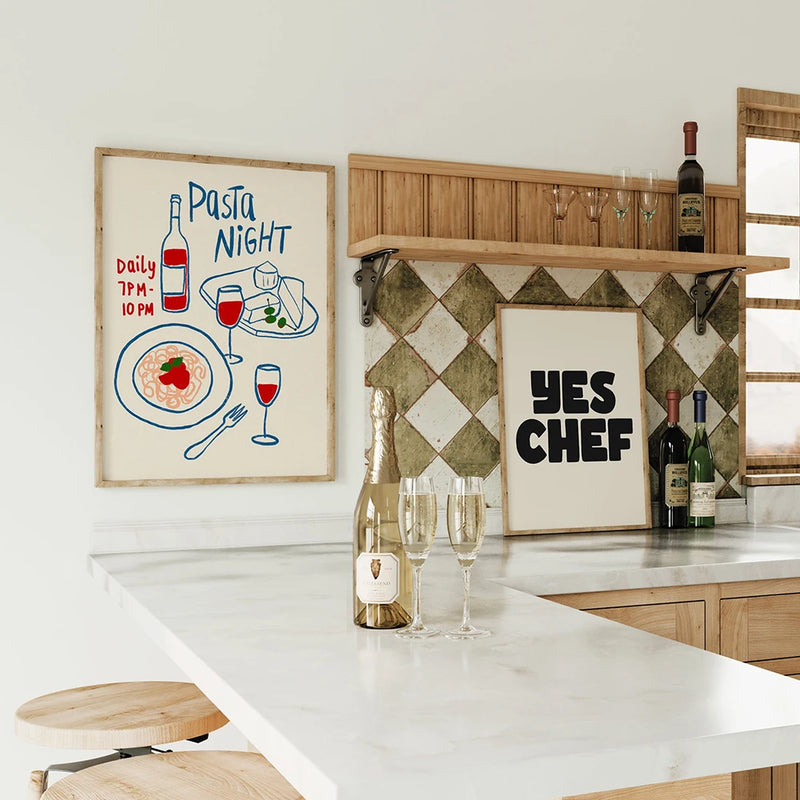 ensemble mural rétro affiche art chariot bar décoration esthétique