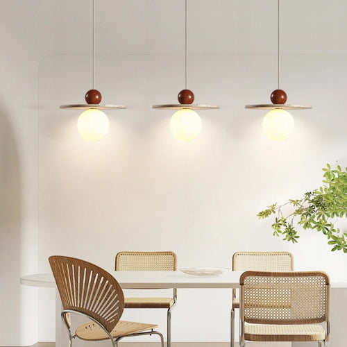 lustre rond en pierre et bois avec cordon réglable pour