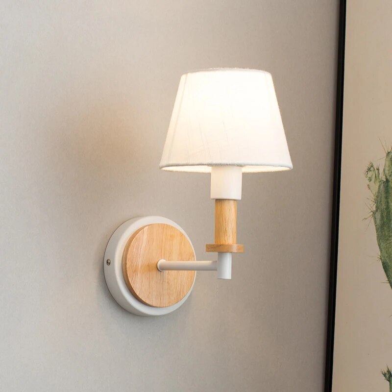 Applique Murale LED Nordique Bois Massif et abat-jour en Tissu