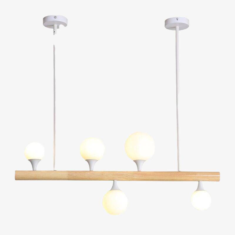 Lustre scandinave LED allongé en bois et boules en verre