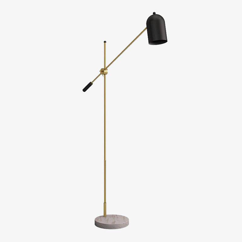 Lampadaire design LED doré avec abat-jour noir et socle en marbre