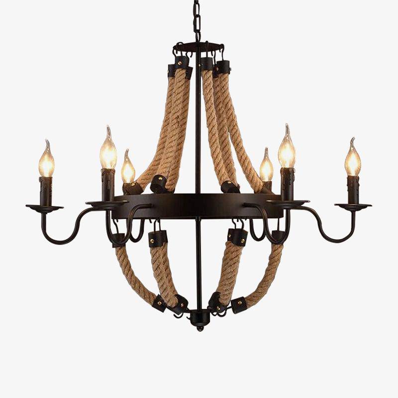 Lustre rustique en métal et cordages avec lampes en flamme