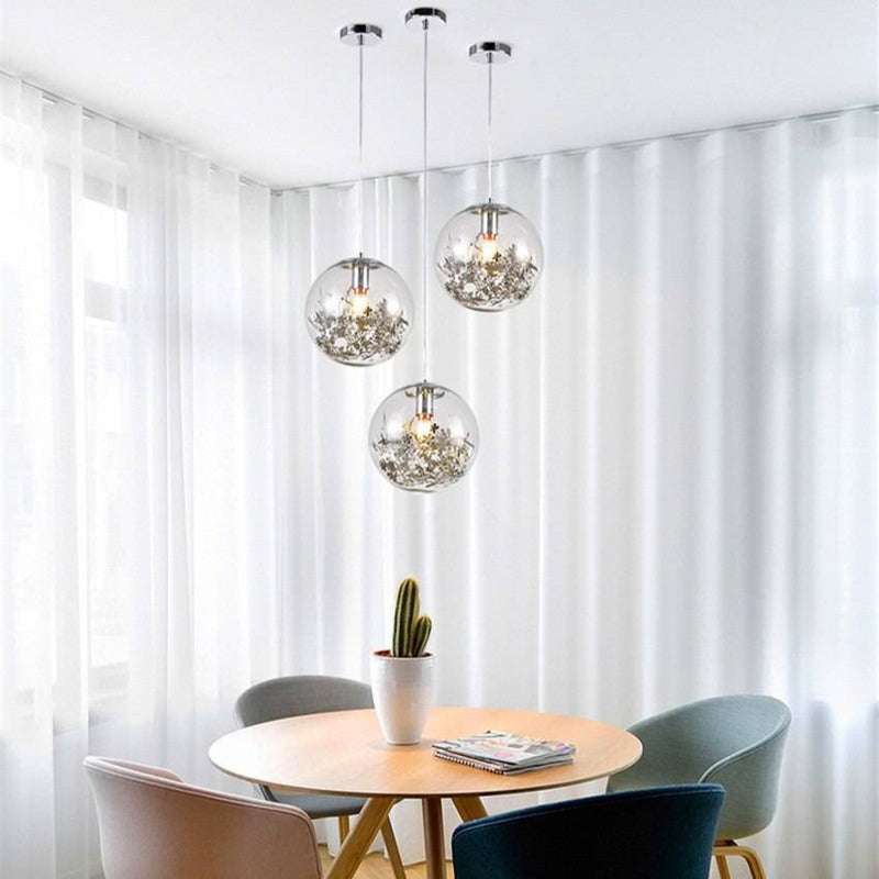 Suspension design LED boule en verre avec feuilles chromées intérieur