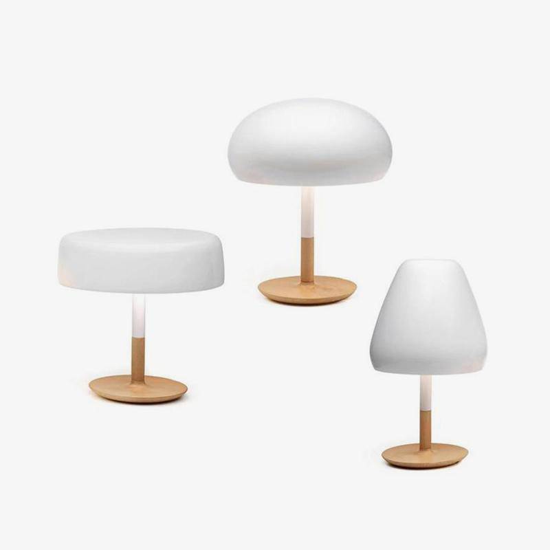 Lampe à poser design LED avec base en bois et abat-jour aux formes arrondies Créative