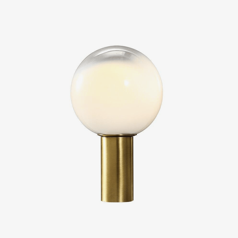 Lampe à poser design LED de forme cylindrique dorée et boule en verre blanc
