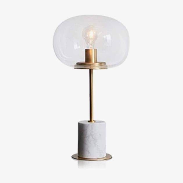 Lampe à poser design LED en marbre avec tige dorée et boule en verre