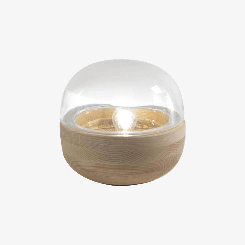 Lampe à poser moderne LED avec base en bois et socle en verre arrondie