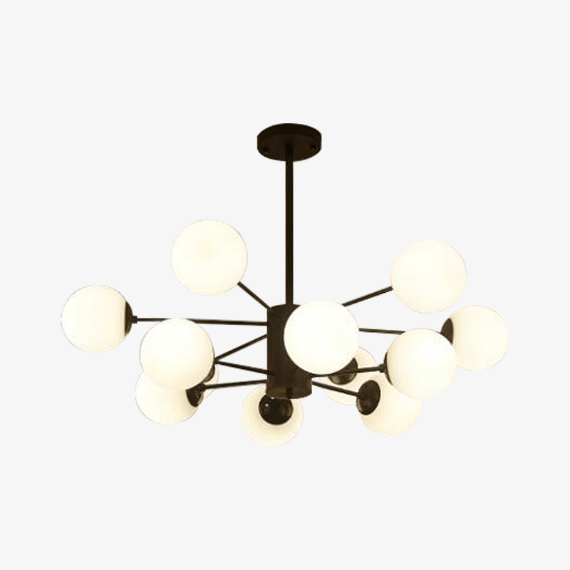 Lustre design noir avec plusieurs branches et lampe en verre Vintage