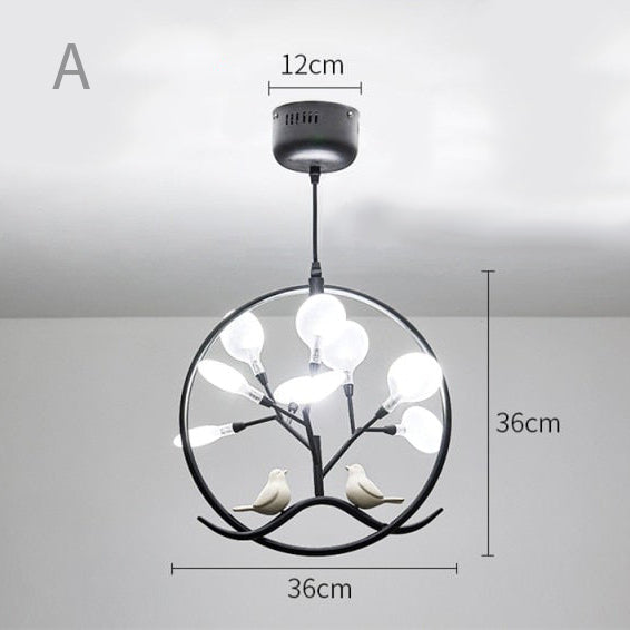 Lustre moderne avec arbre et oiseaux dans anneau Rhym