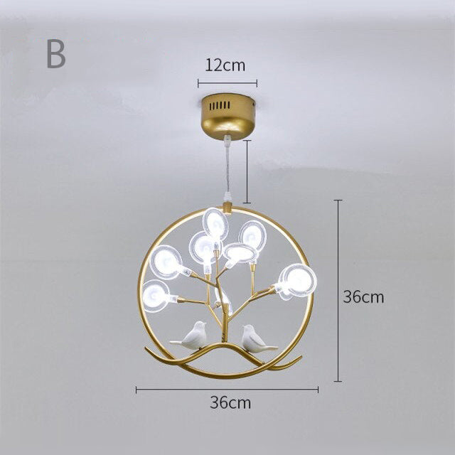 Lustre moderne avec arbre et oiseaux dans anneau Rhym
