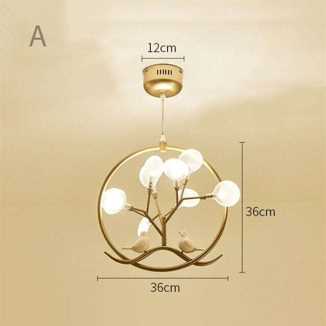 Lustre moderne avec arbre et oiseaux dans anneau Rhym