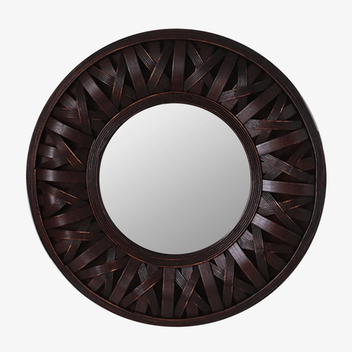 Miroir mural décoratif rond en bois foncé tressé