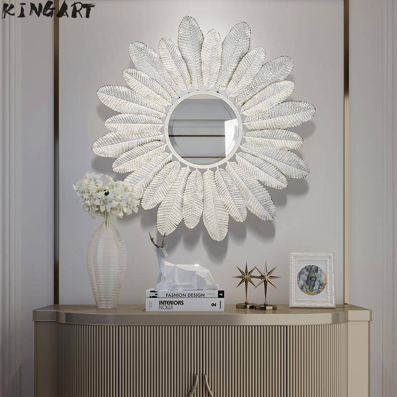 Miroir mural rond avec plumes blanches Decoration