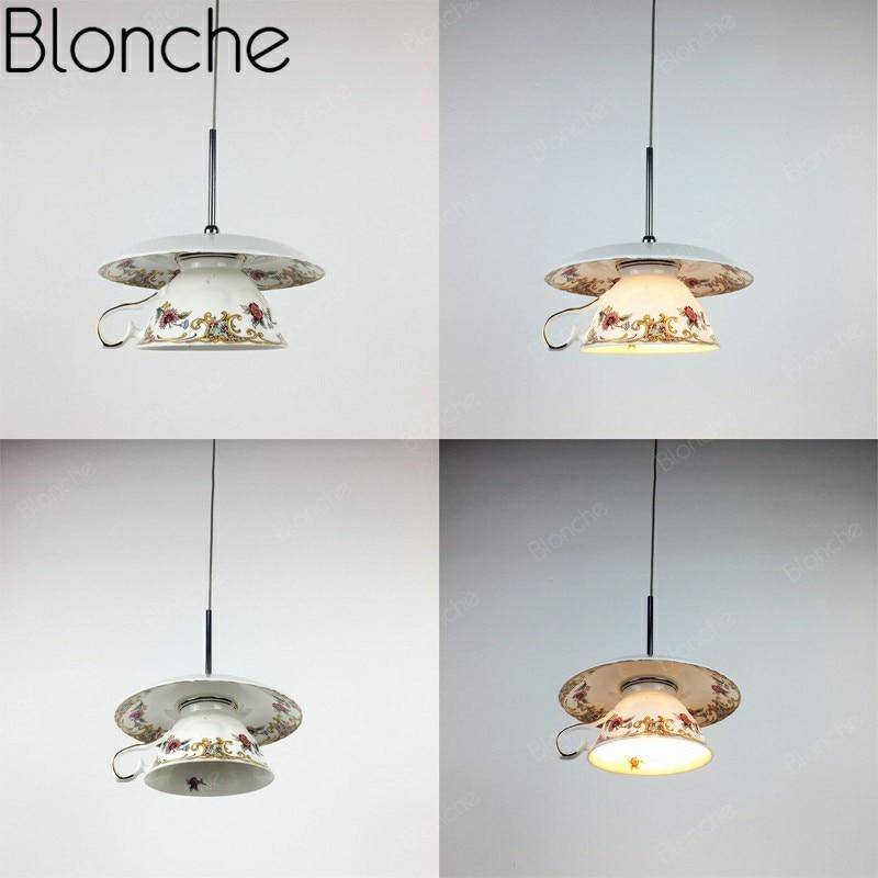 Suspension LED tasse en céramique avec détails fleuris