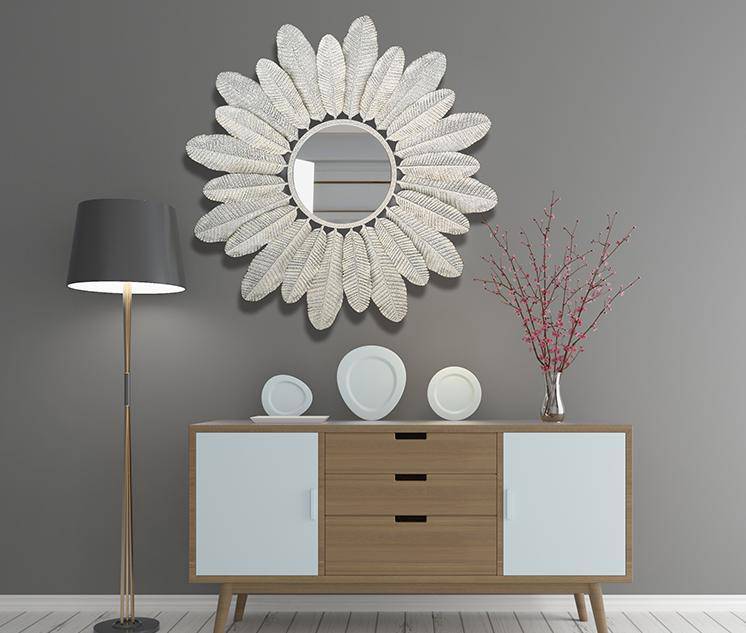 Miroir mural rond avec plumes blanches Decoration