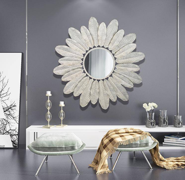 Miroir mural rond avec plumes blanches Decoration