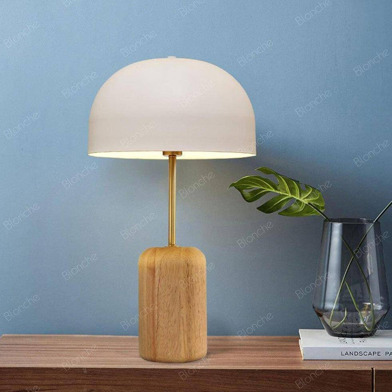 Lampe à poser LED en bois avec abat-jour arrondi blanc