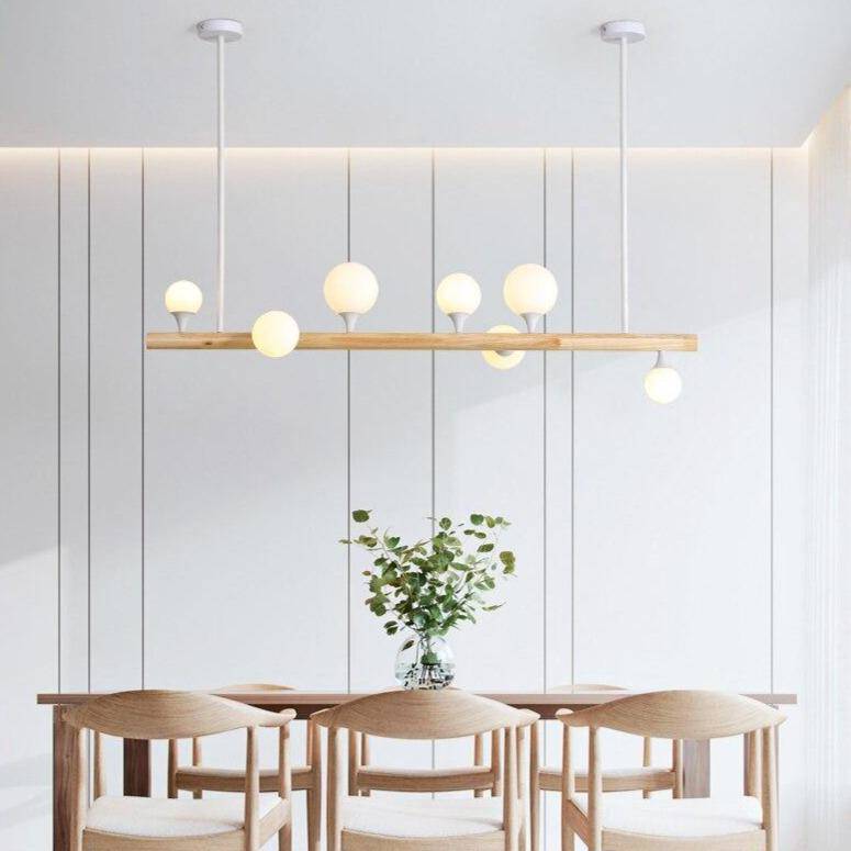 Lustre scandinave LED allongé en bois et boules en verre
