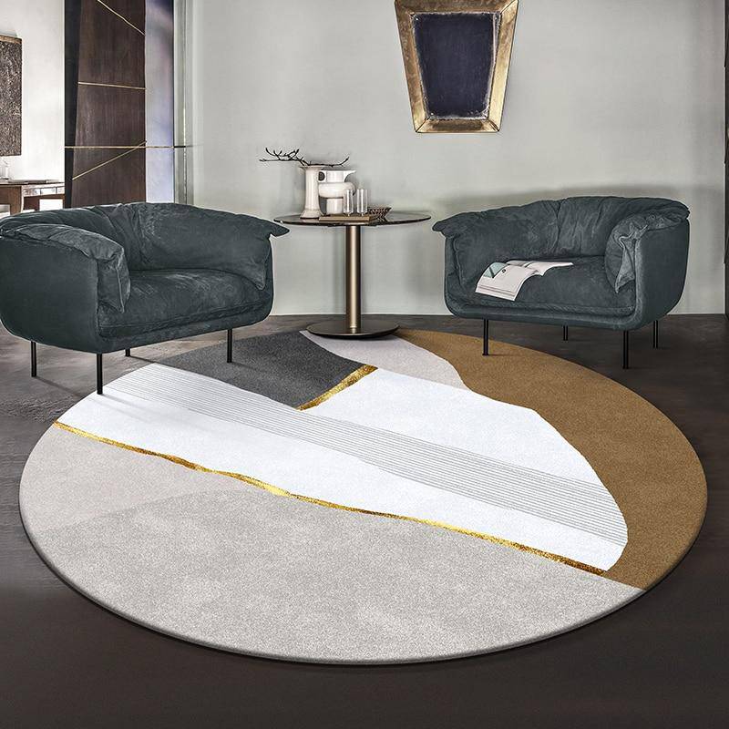 Tapis moderne rond blanc style abstrait doré