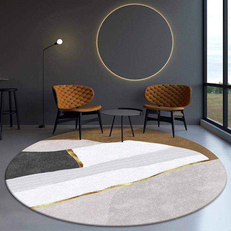 Tapis moderne rond blanc style abstrait doré
