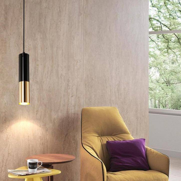 Suspension design LED en tube cylindrique métal noir et doré Faryto