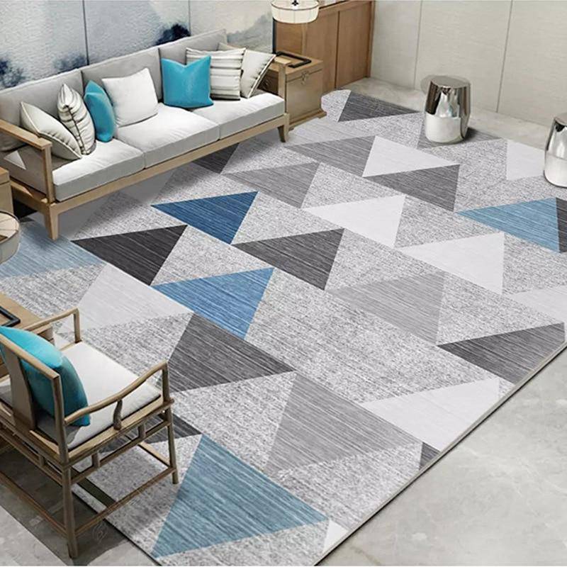 Tapis design rectangle géométrique aux triangles gris et bleus Area