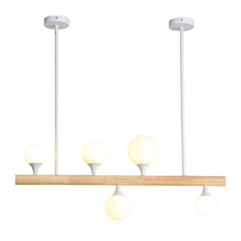 Lustre scandinave LED allongé en bois et boules en verre