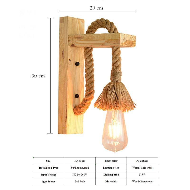 Applique murale rustique LED en bois avec cordage rétro