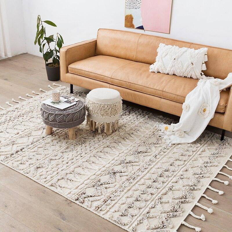 Tapis indien rectangle en laine fait à la main avec franges Woven