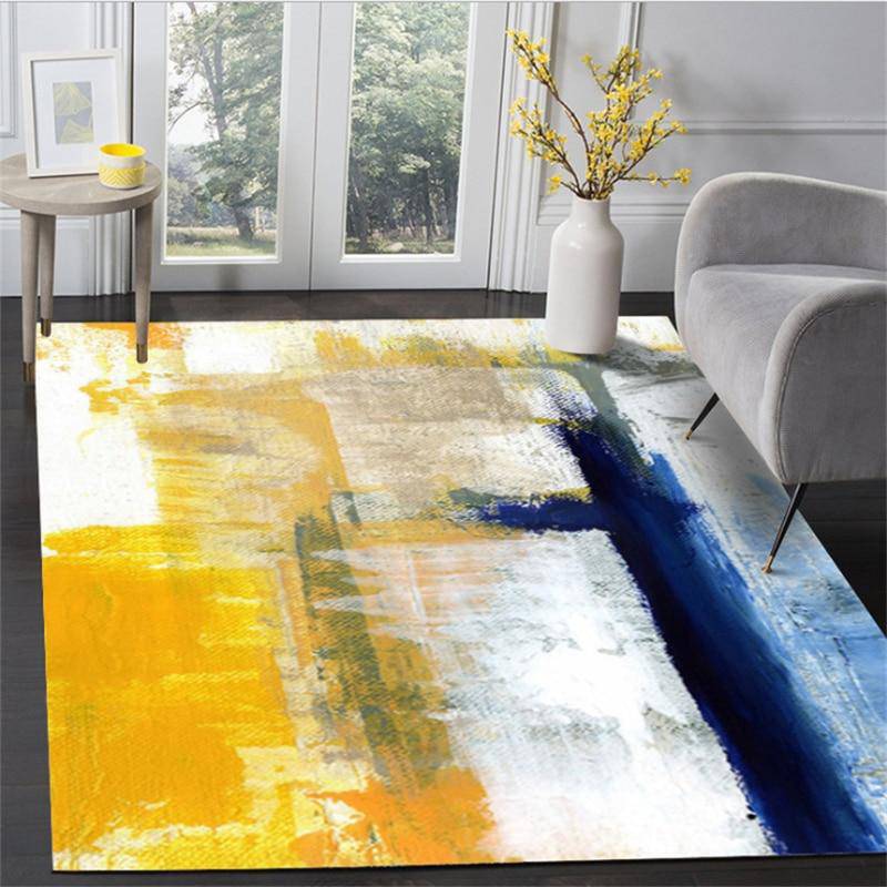Tapis rectangle au style abstrait jaune et bleu Oil